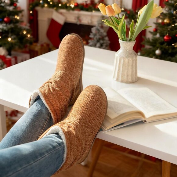 Women's Brown Cozy Winter Warm Knit Memory Foam Non Slip Slipper Bootie Shoes - Picture 2 of 6